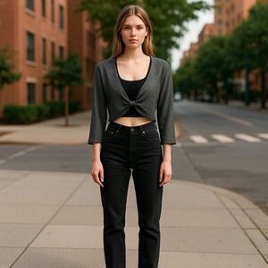 Connected Apparel Gray Cropped Shrug Cardigan XL 3/4 Sleeve Mesh Knit Open Front